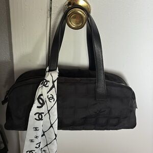 Auth Chanel Black Silk Logos made in Italy with original box & scarf.Beige Sold